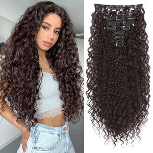 LONAI Hair Extension, 9PCS Brown 22" Curly Clip in Hair Dark Reddish Brown